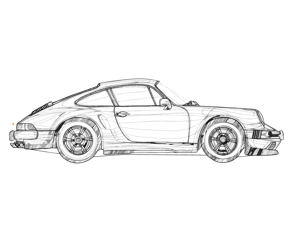 Blueprint sketch of a Porsche 911 sports car